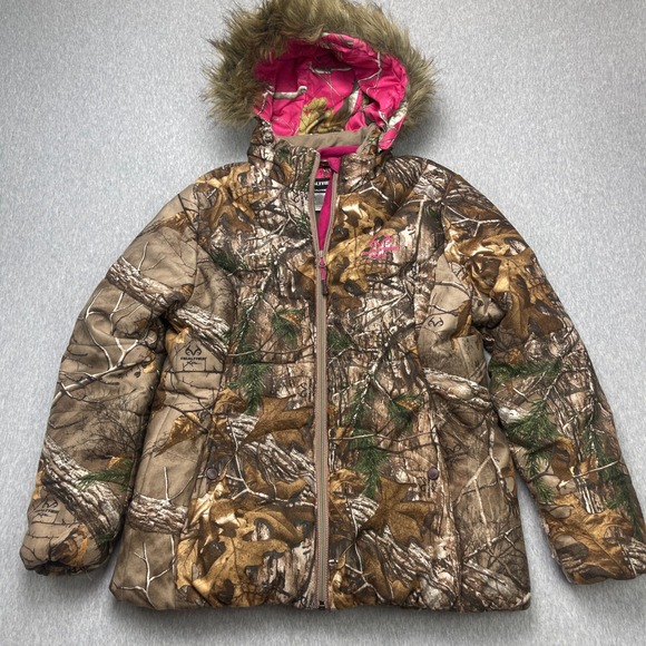 Realtree Jackets & Blazers - Realtree Xtra Camo Puffer Jacket Womens L Brown Pink Faux Fur Hood EUC